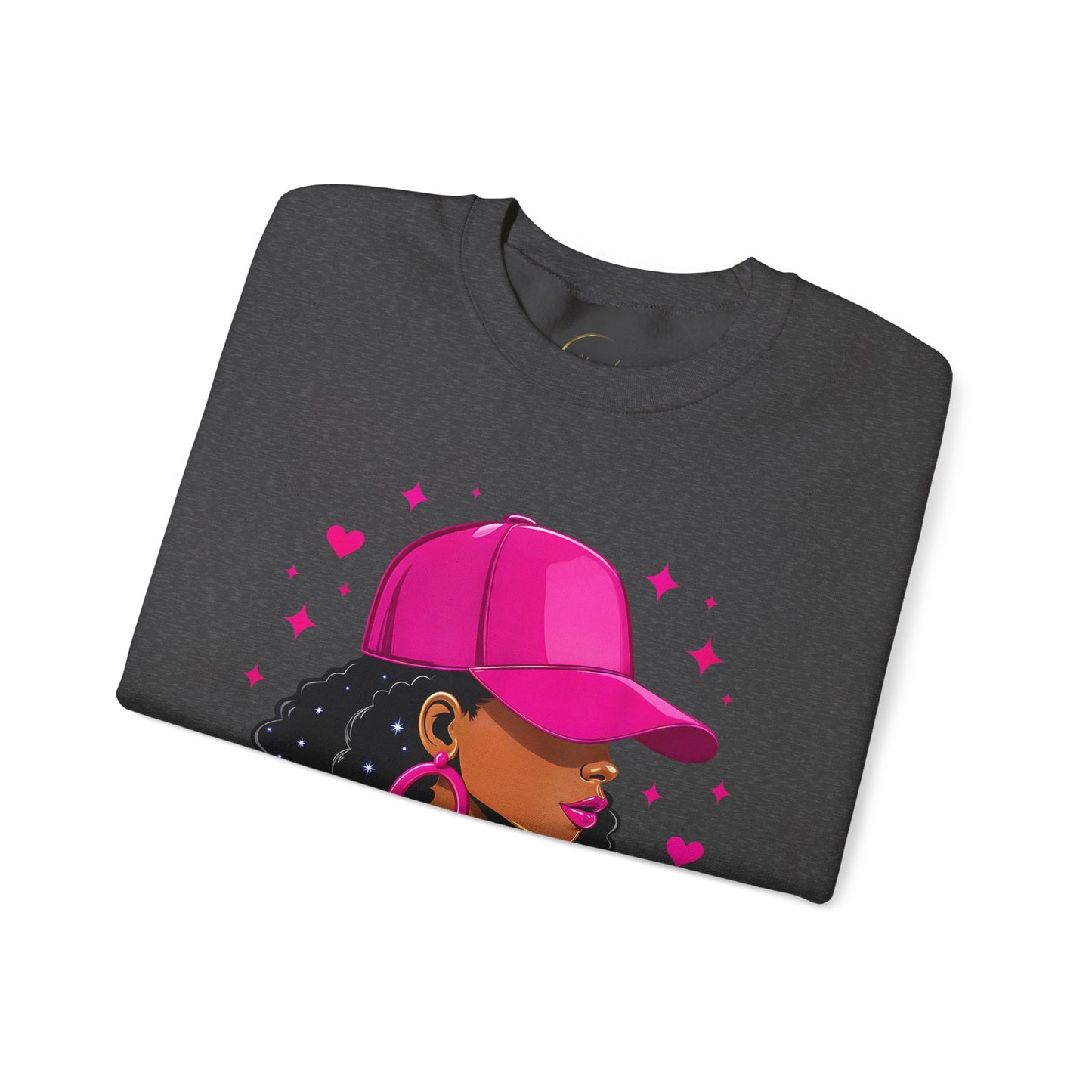 Crewneck Sweatshirt — Pink Cap Afro Woman Graphic, Cute Heart Design