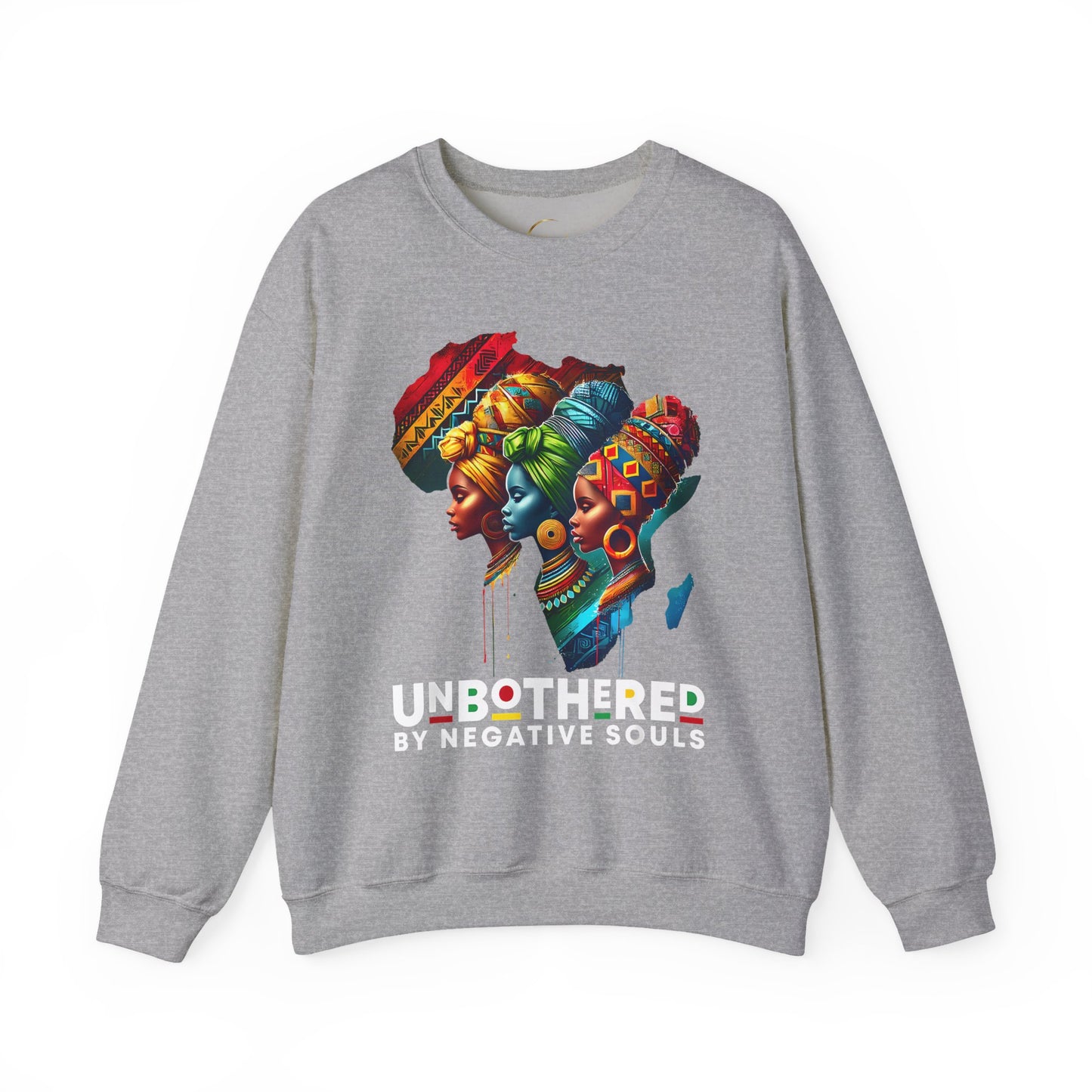 Crewneck Sweatshirt — "Unbothered by Negative Souls" Afrocentric Rainbow Headwrap Design