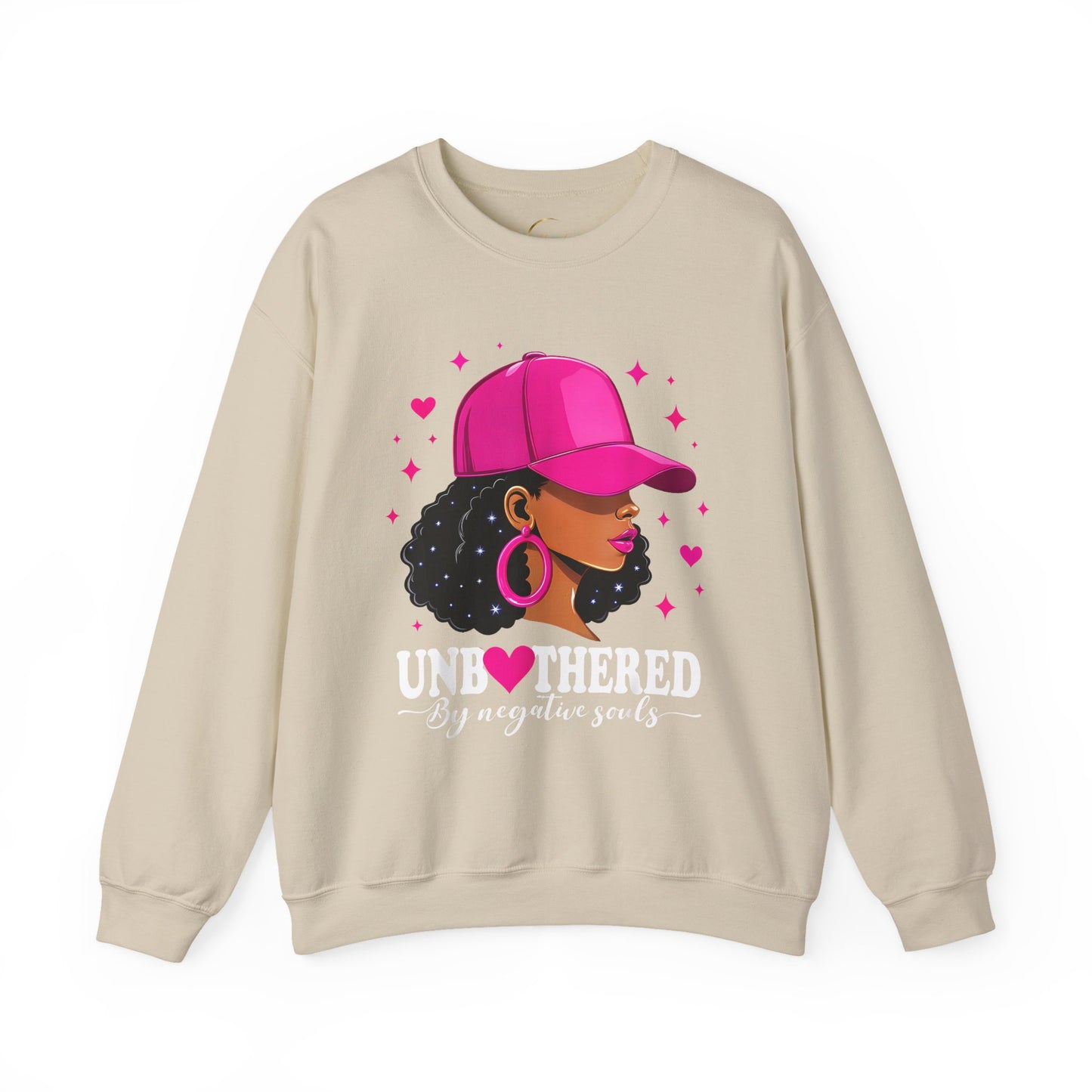 Crewneck Sweatshirt — Pink Cap Afro Woman Graphic, Cute Heart Design
