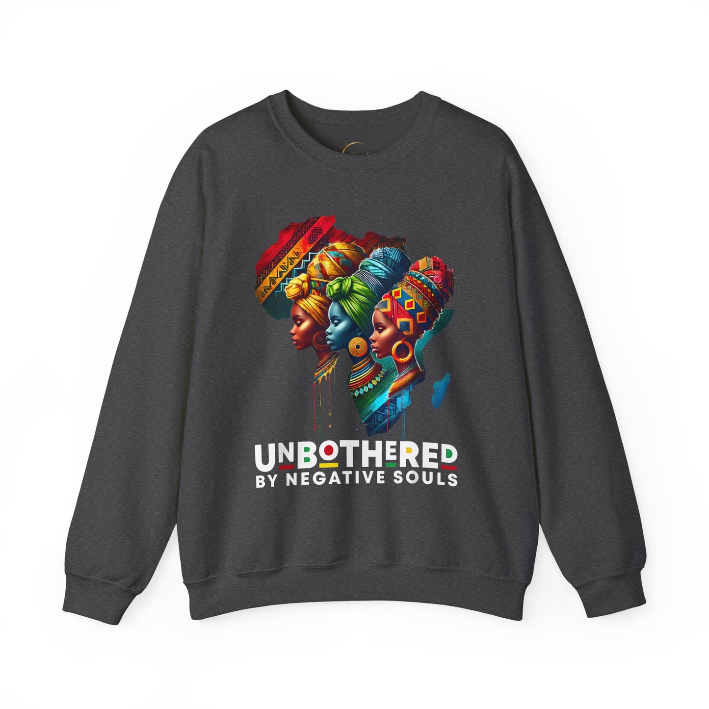 Crewneck Sweatshirt — "Unbothered by Negative Souls" Afrocentric Rainbow Headwrap Design