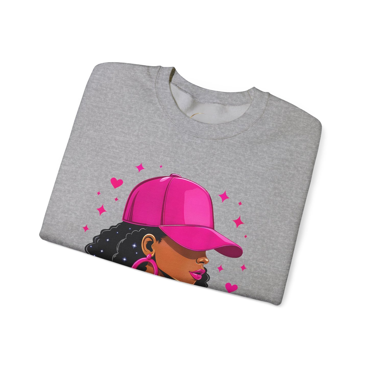 Crewneck Sweatshirt — Pink Cap Afro Woman Graphic, Cute Heart Design