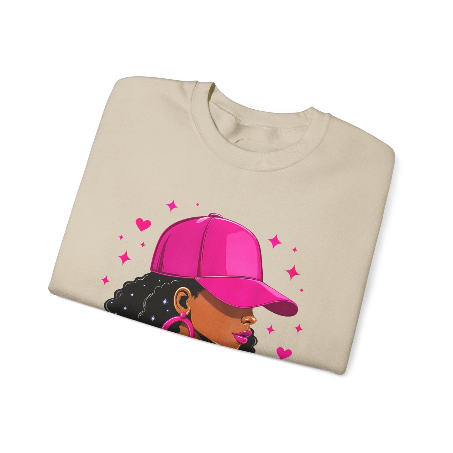 Crewneck Sweatshirt — Pink Cap Afro Woman Graphic, Cute Heart Design