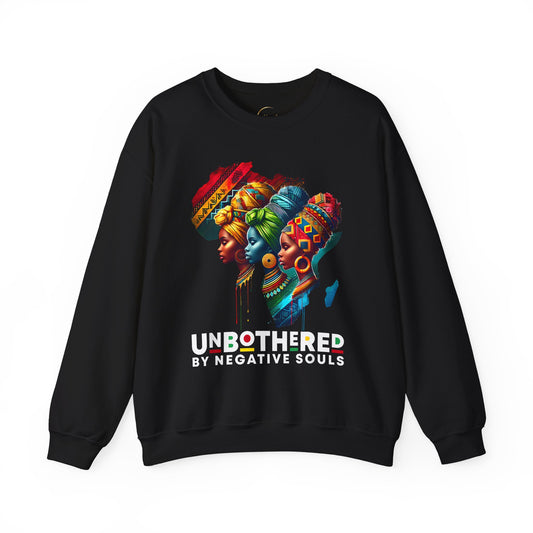 Crewneck Sweatshirt — "Unbothered by Negative Souls" Afrocentric Rainbow Headwrap Design