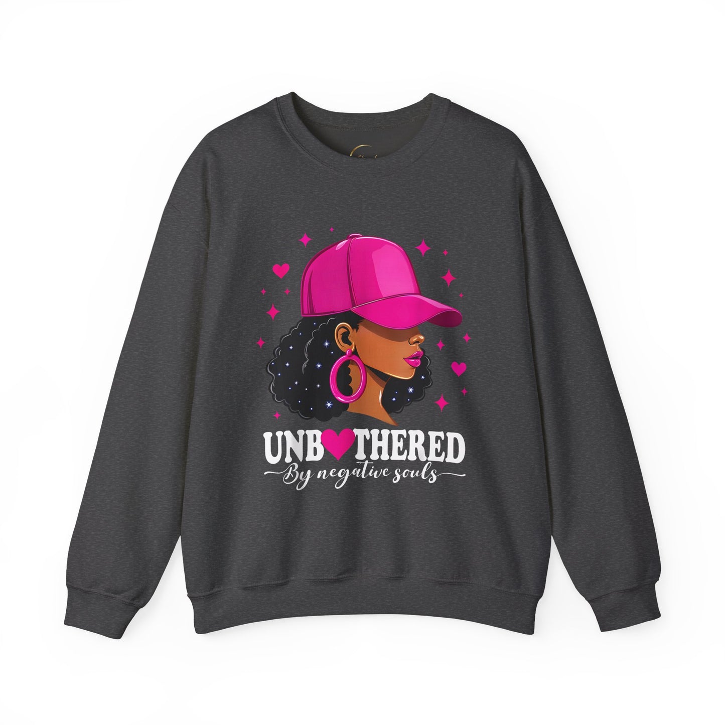 Crewneck Sweatshirt — Pink Cap Afro Woman Graphic, Cute Heart Design
