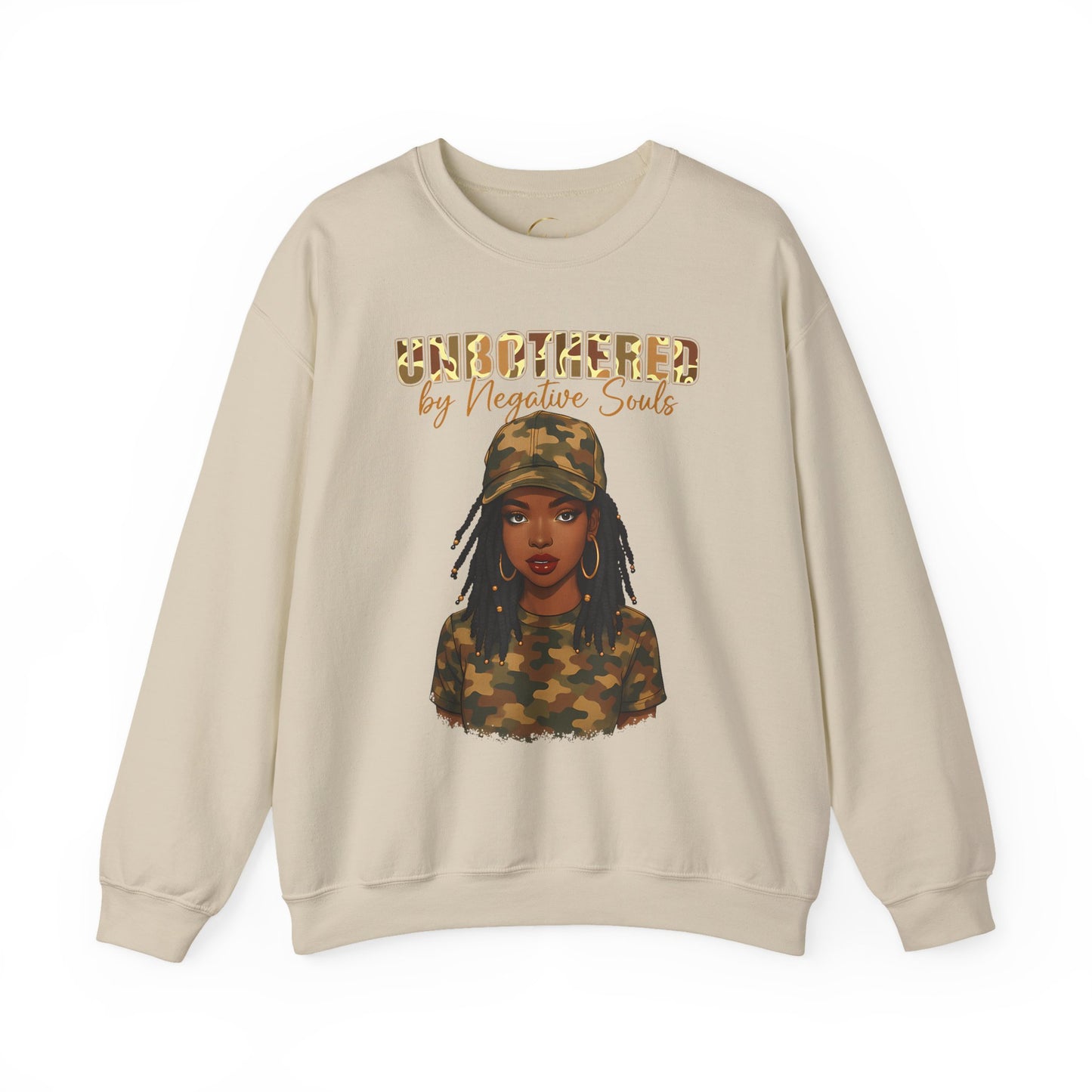 Unbothered by Negative Souls Crewneck Sweatshirt — Camo Girl Graphic