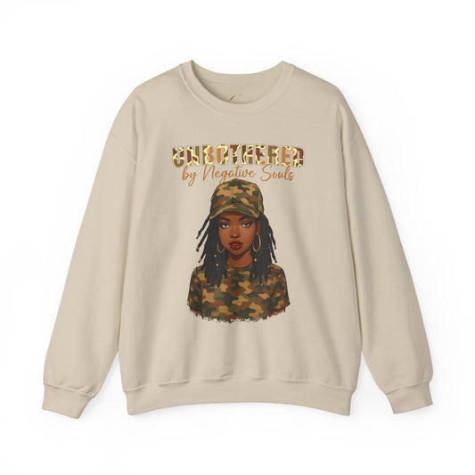 Unbothered by Negative Souls Crewneck Sweatshirt — Camo Girl Graphic