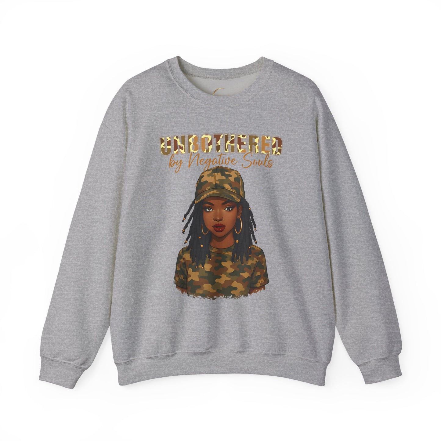 Unbothered by Negative Souls Crewneck Sweatshirt — Camo Girl Graphic
