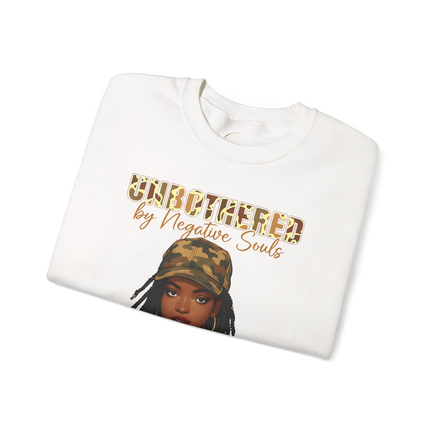 Unbothered by Negative Souls Crewneck Sweatshirt — Camo Girl Graphic