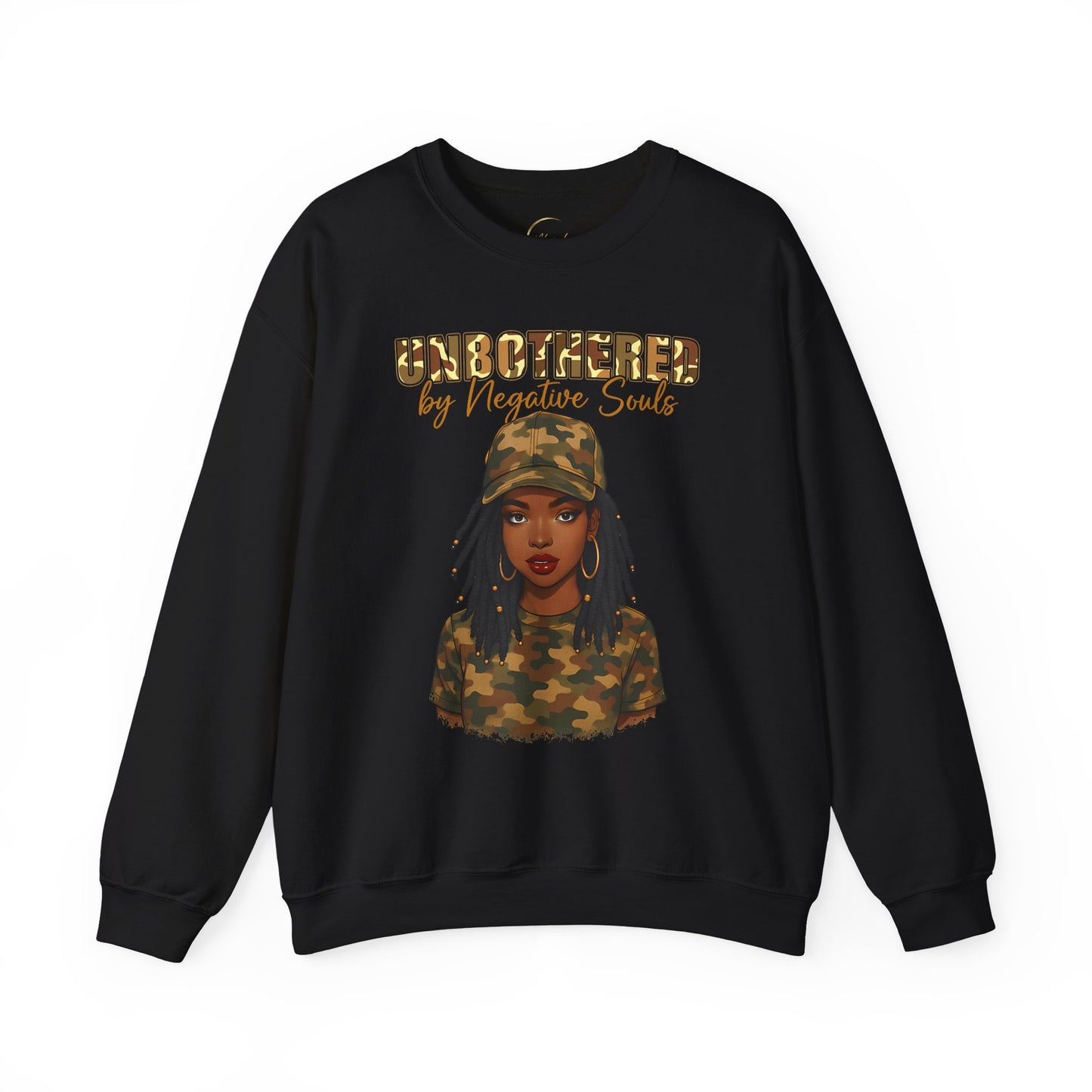 Unbothered by Negative Souls Crewneck Sweatshirt — Camo Girl Graphic