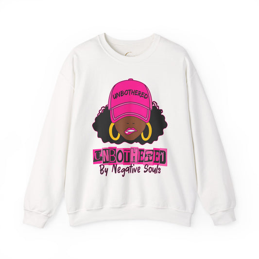Unbothered Crewneck Sweatshirt — Afro Girl Graphic "Unbothered by Negative Souls"
