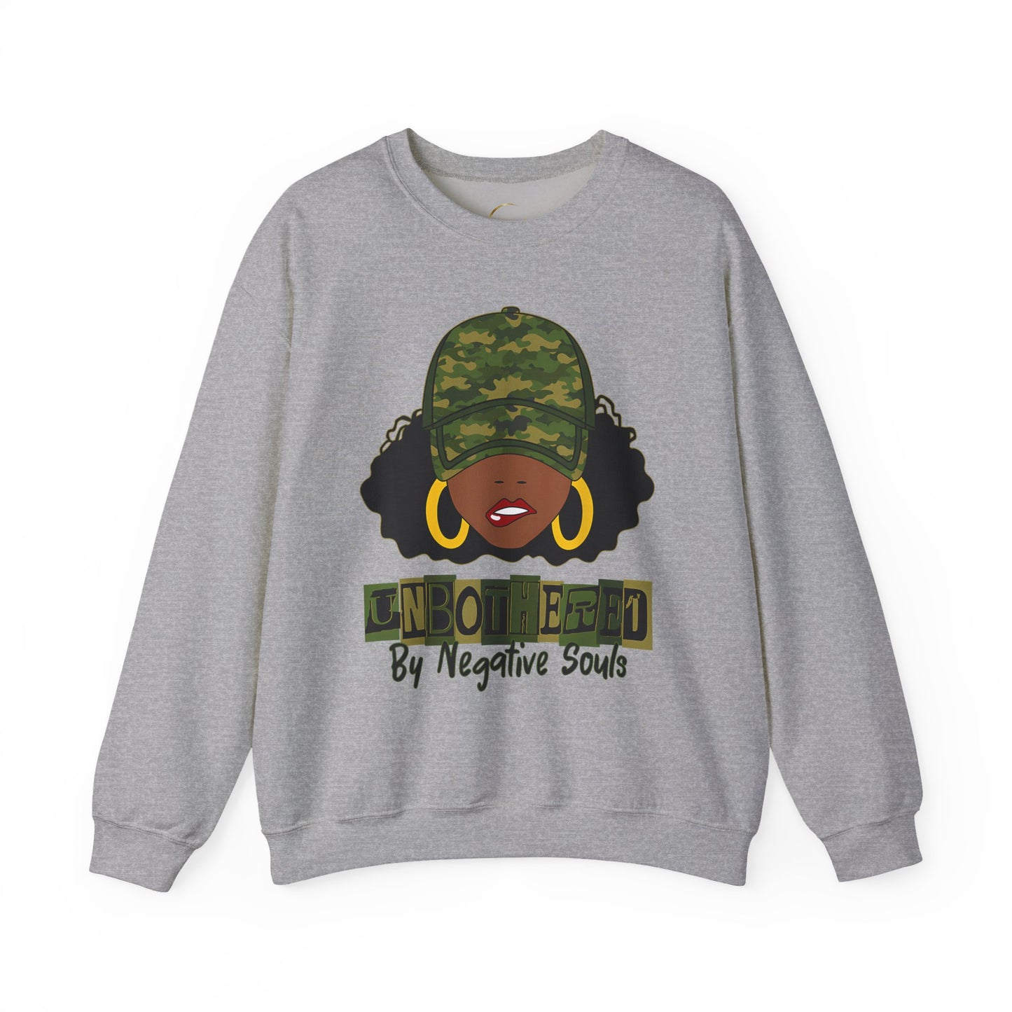 Unbothered Camo Crewneck Sweatshirt — Afro Chic Graphic Sweatshirt