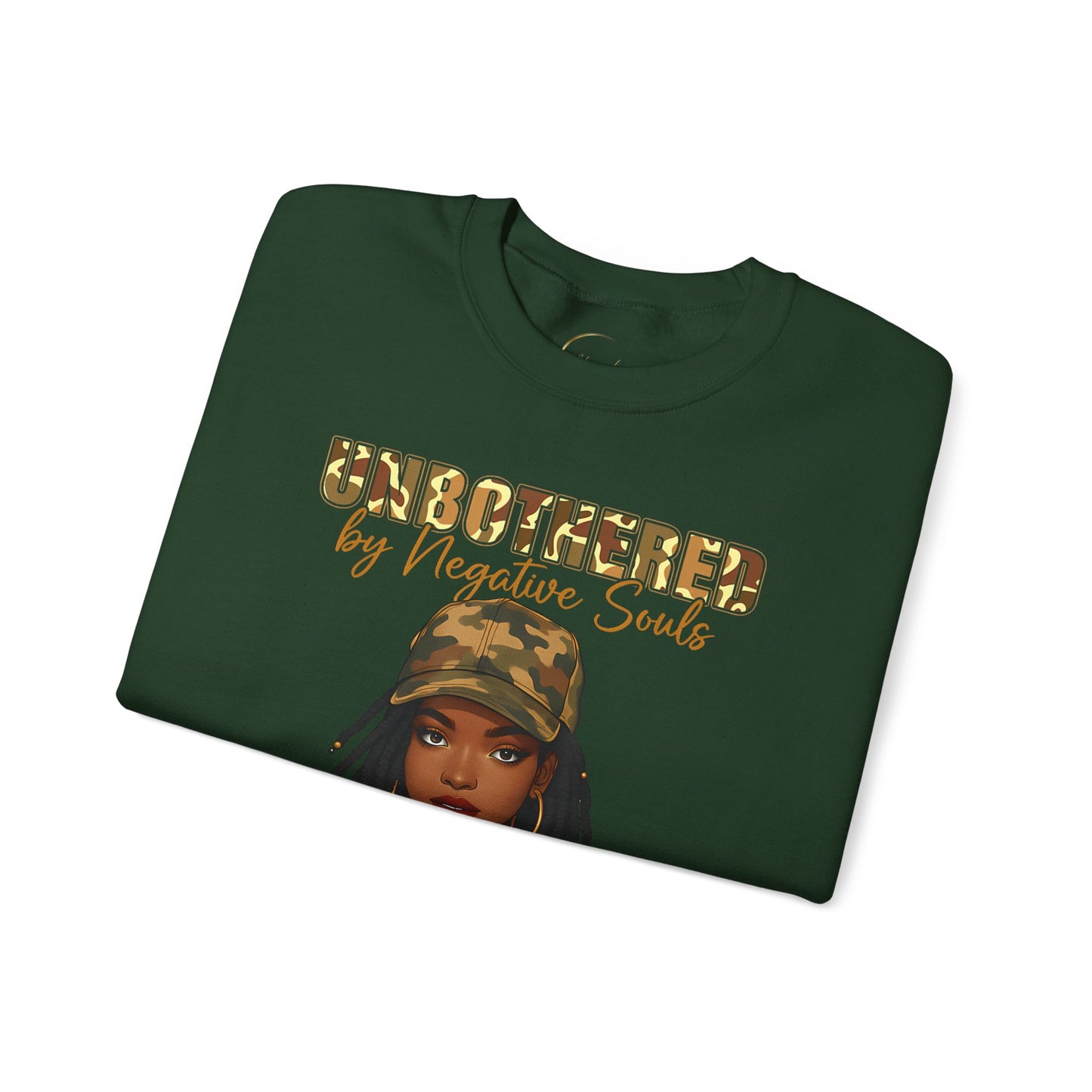 Unbothered by Negative Souls Crewneck Sweatshirt — Camo Girl Graphic