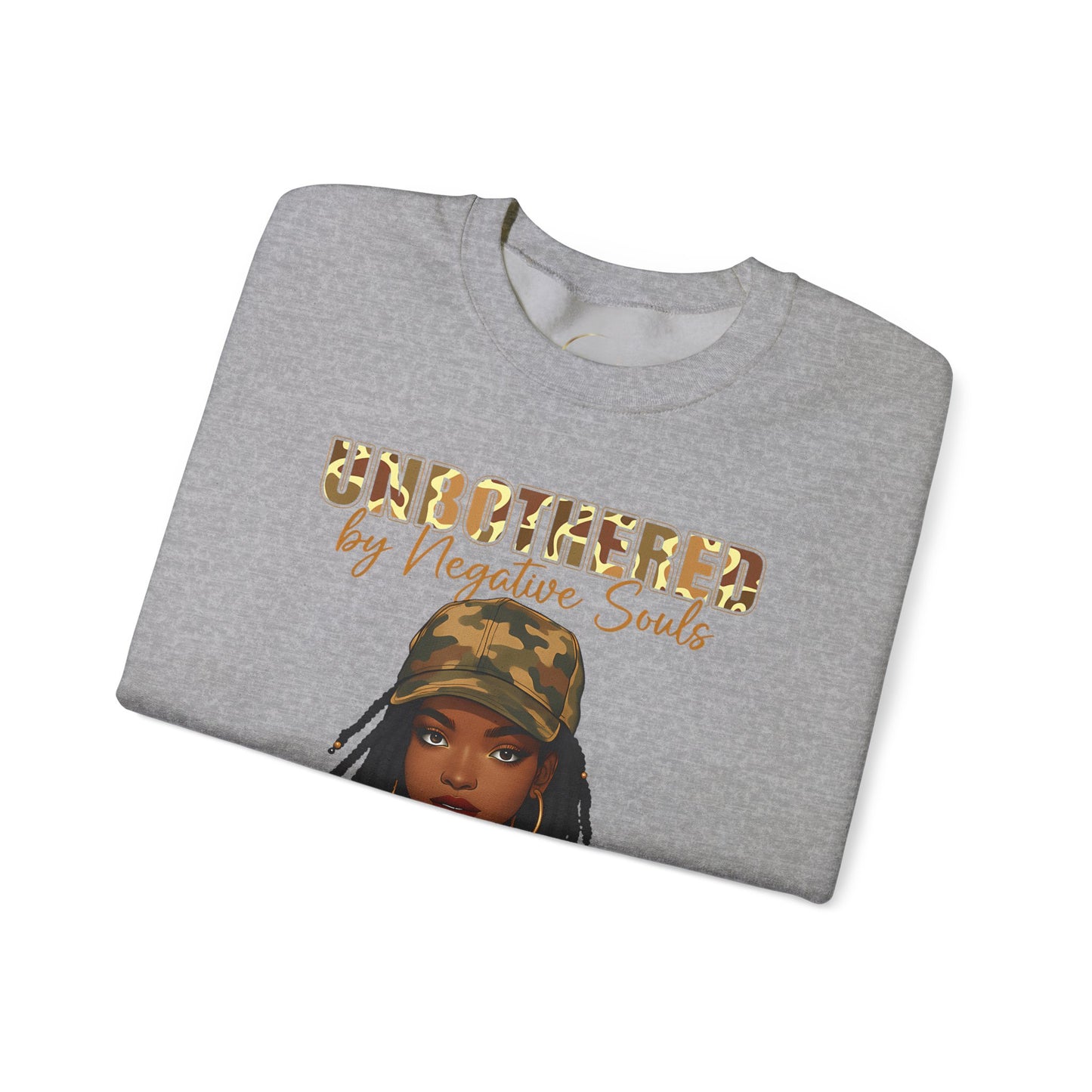 Unbothered by Negative Souls Crewneck Sweatshirt — Camo Girl Graphic