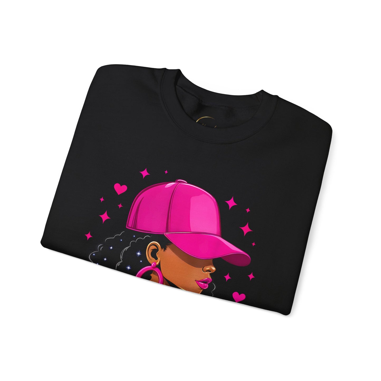 Crewneck Sweatshirt — Pink Cap Afro Woman Graphic, Cute Heart Design