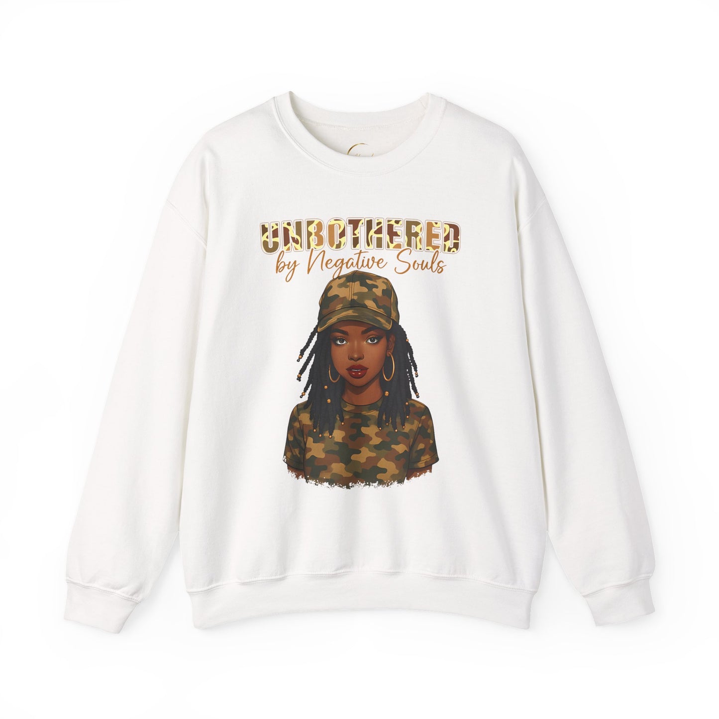 Unbothered by Negative Souls Crewneck Sweatshirt — Camo Girl Graphic