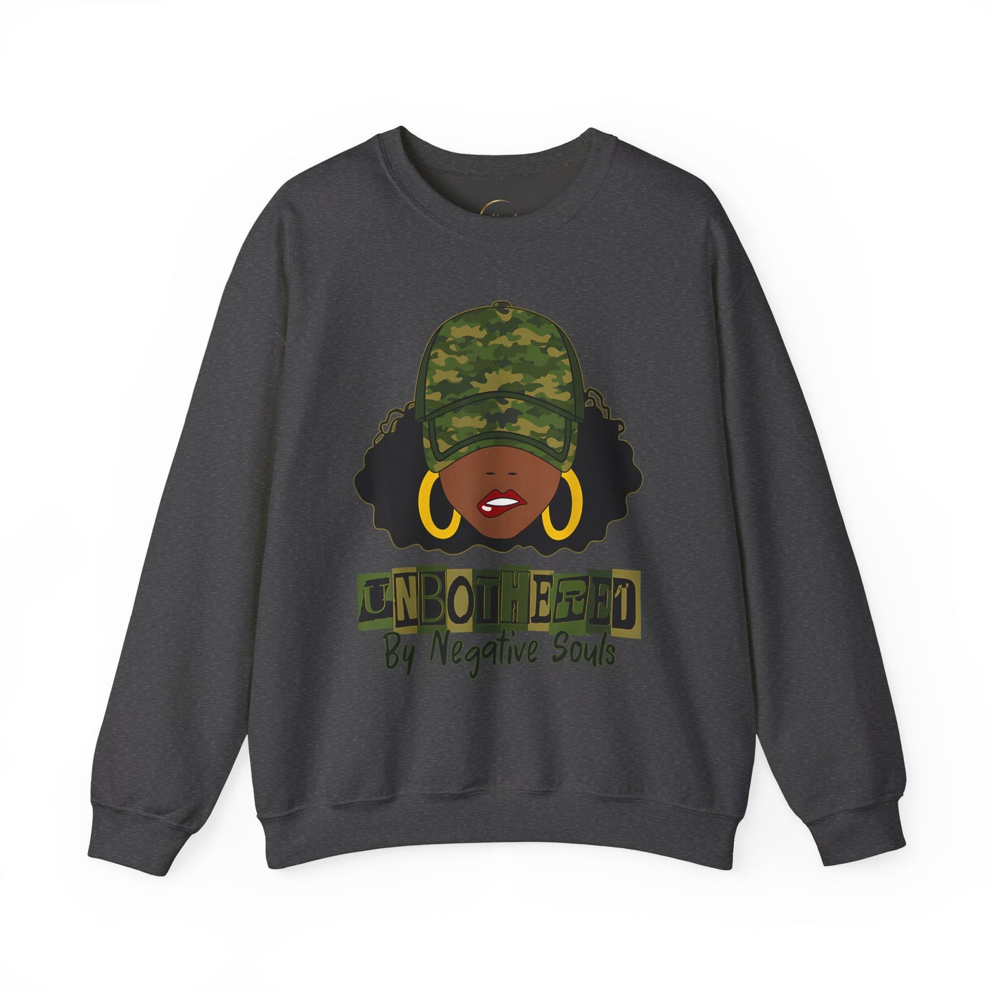 Unbothered Camo Crewneck Sweatshirt — Afro Chic Graphic Sweatshirt