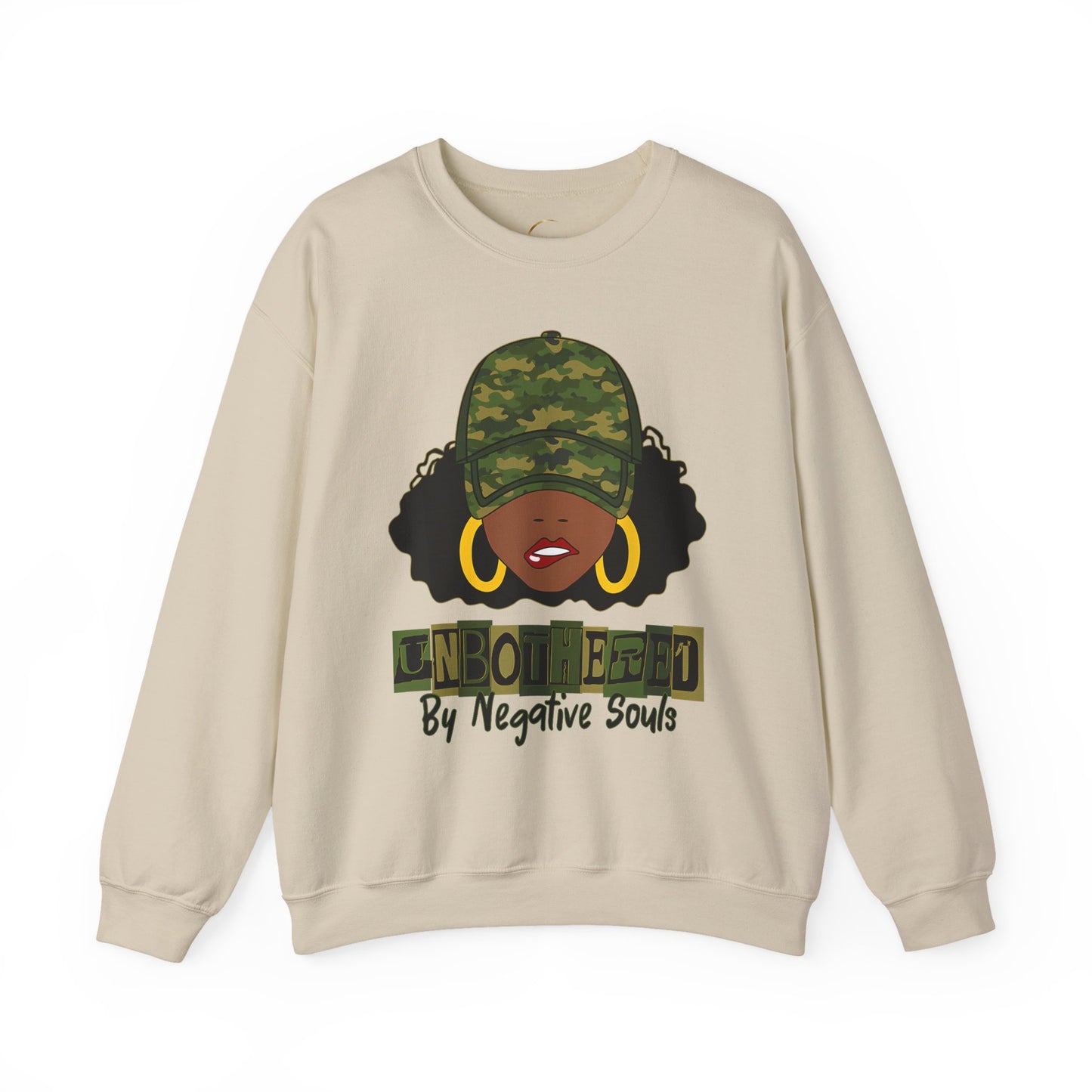 Unbothered Camo Crewneck Sweatshirt — Afro Chic Graphic Sweatshirt
