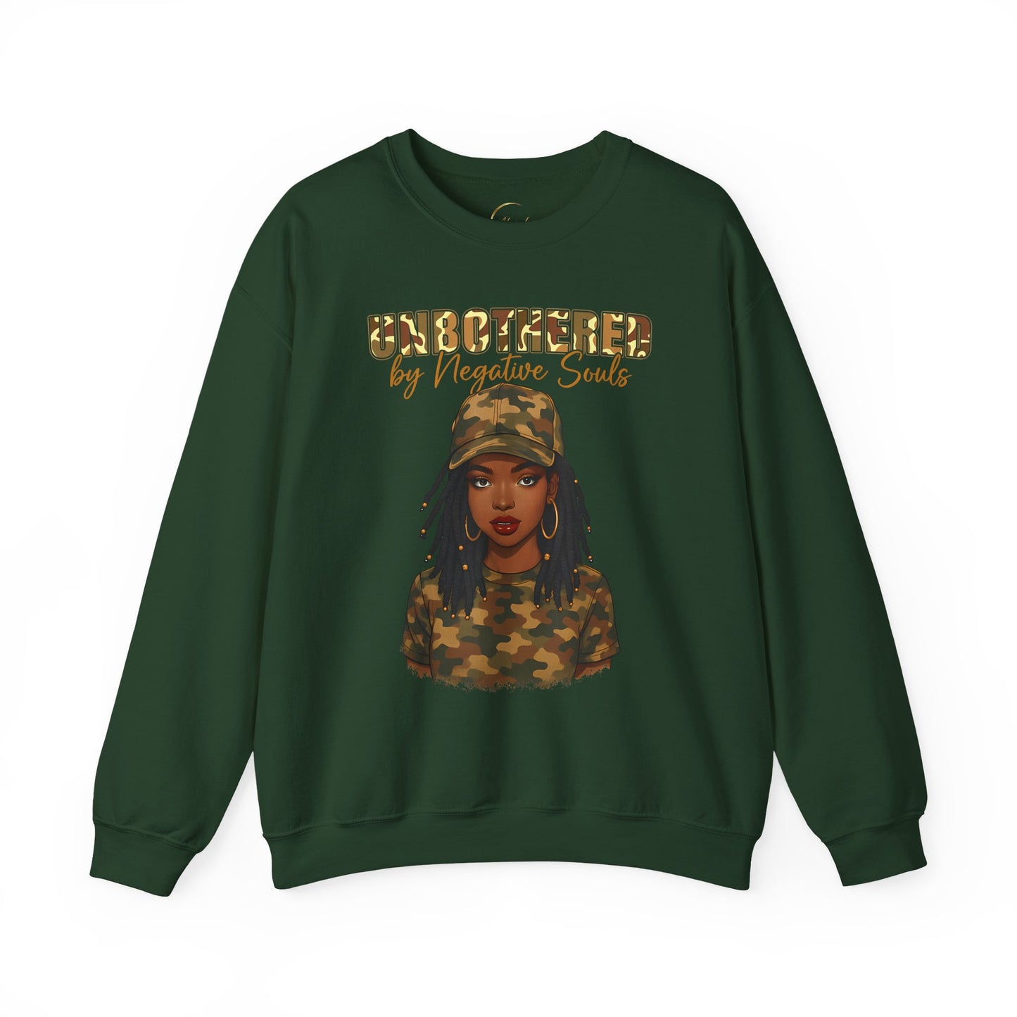 Unbothered by Negative Souls Crewneck Sweatshirt — Camo Girl Graphic