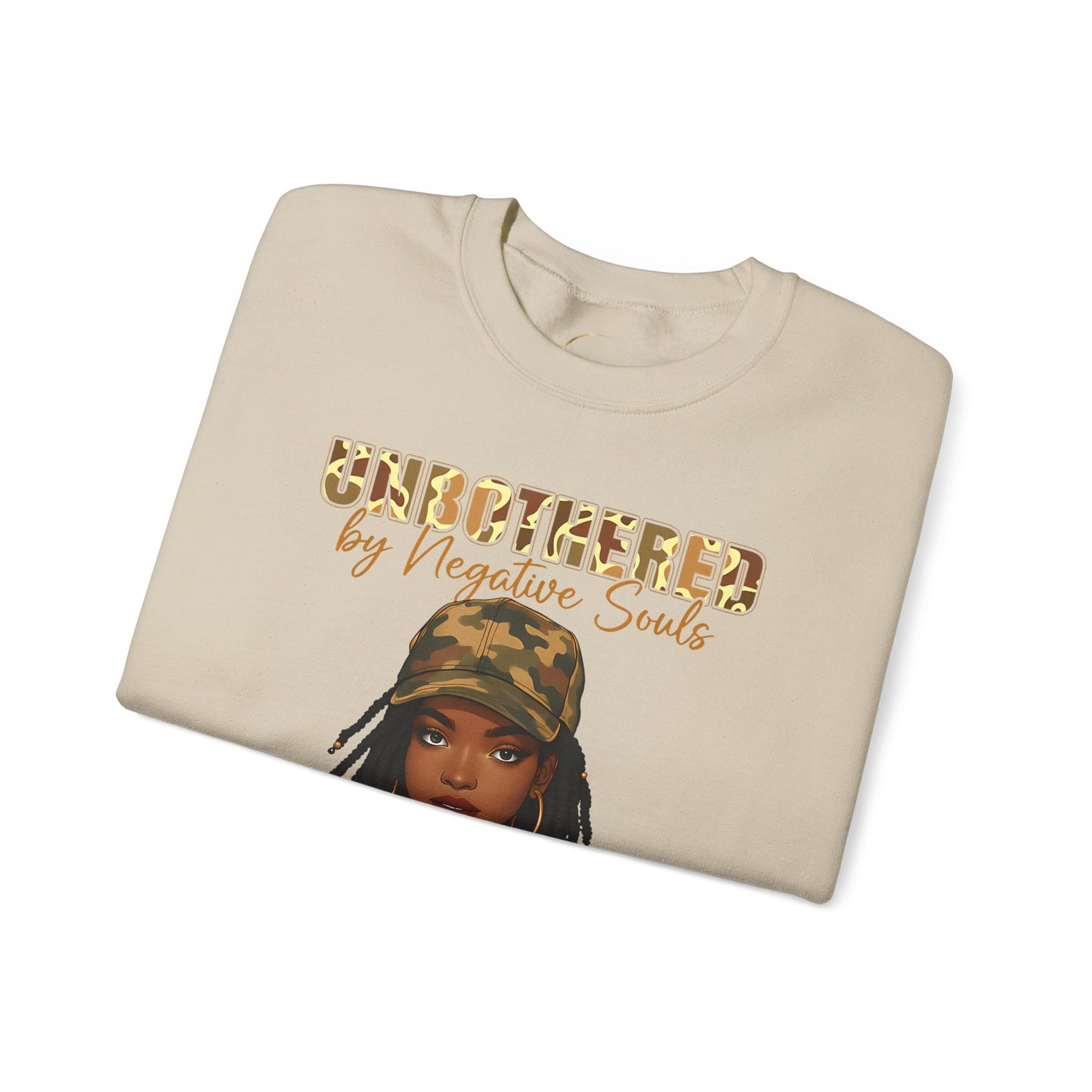 Unbothered by Negative Souls Crewneck Sweatshirt — Camo Girl Graphic