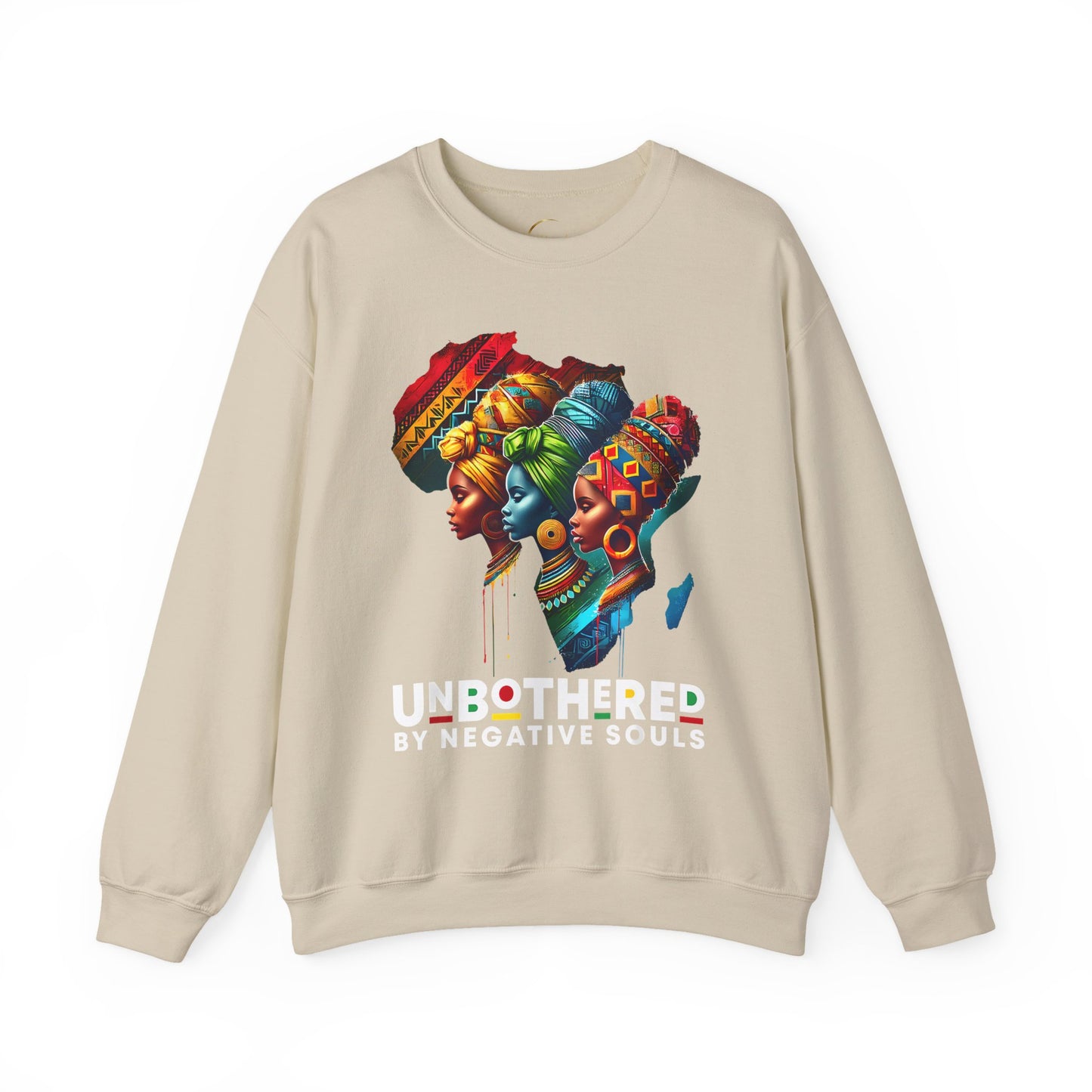 Crewneck Sweatshirt — "Unbothered by Negative Souls" Afrocentric Rainbow Headwrap Design